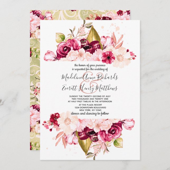 Chic Bourgogne & Fleurs Roses Invitations de maria (Devant / Derrière)