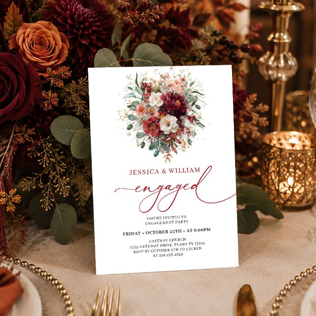Chic Bourgogne Or Floral automne invitations de fi (Chic Burgundy Gold Floral Fall engagement invitation card

)