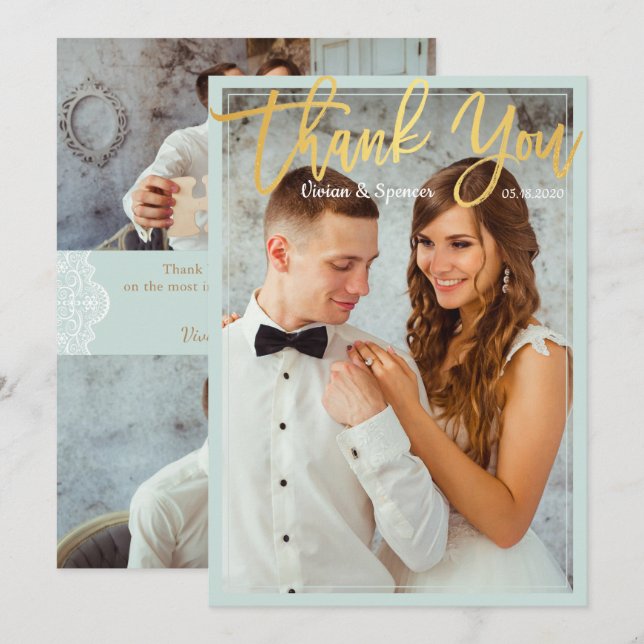 Chic Bright Mint Faux Gold Script Merci photo (Devant / Derrière)