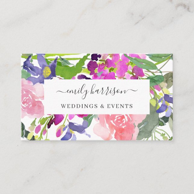 Chic Bright Watercolor Floral Blush Carte de visit (Devant)