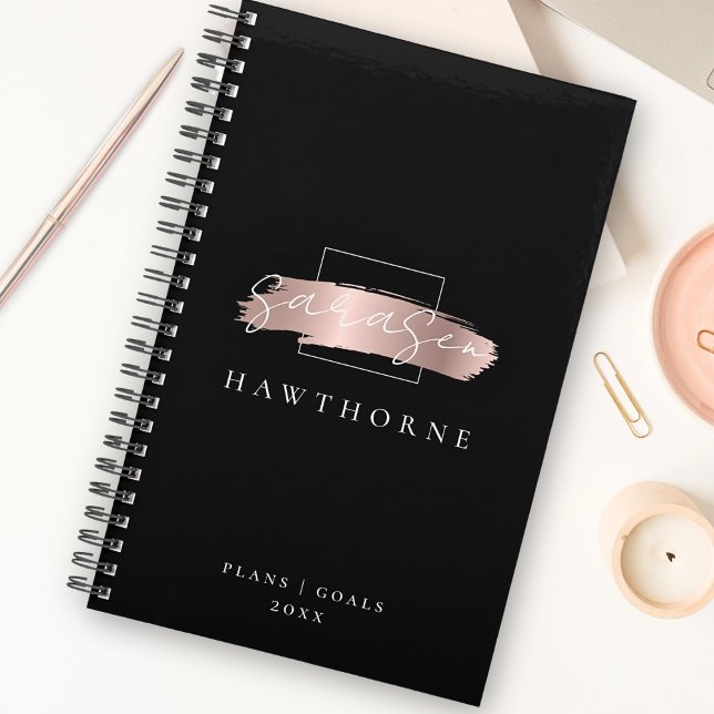 Chic Brush Stroke Black Faux Rose Gold Monogramme (Créateur téléchargé)