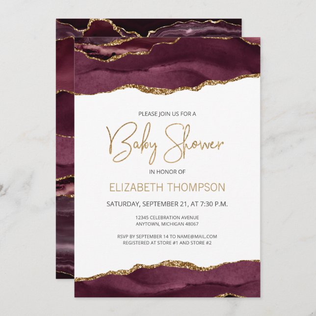 Chic Burgundy Gold Agate Baby shower géographique (Devant / Derrière)