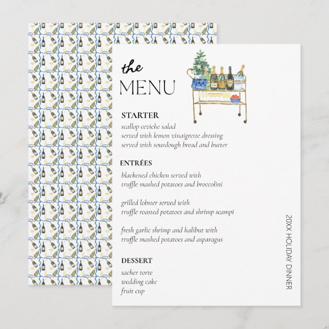 Chic Christmas Holiday Bar Panier Diner Party Menu (Devant / Derrière)