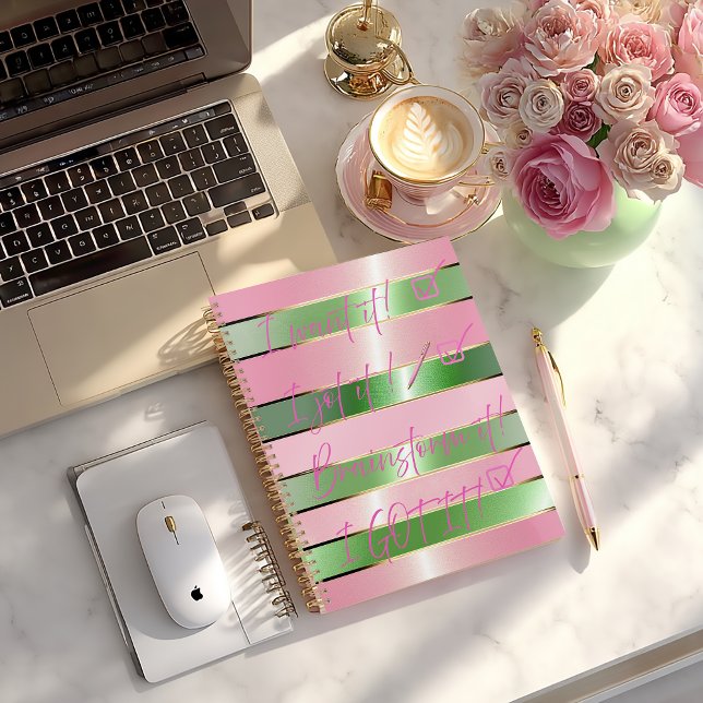Chic Citation Motivante Rayée Rose et Verte  (Chic Motivational Quote Pink and Green Striped Planner/Glossy Soft Cover (pictured) or Matte Hard )
