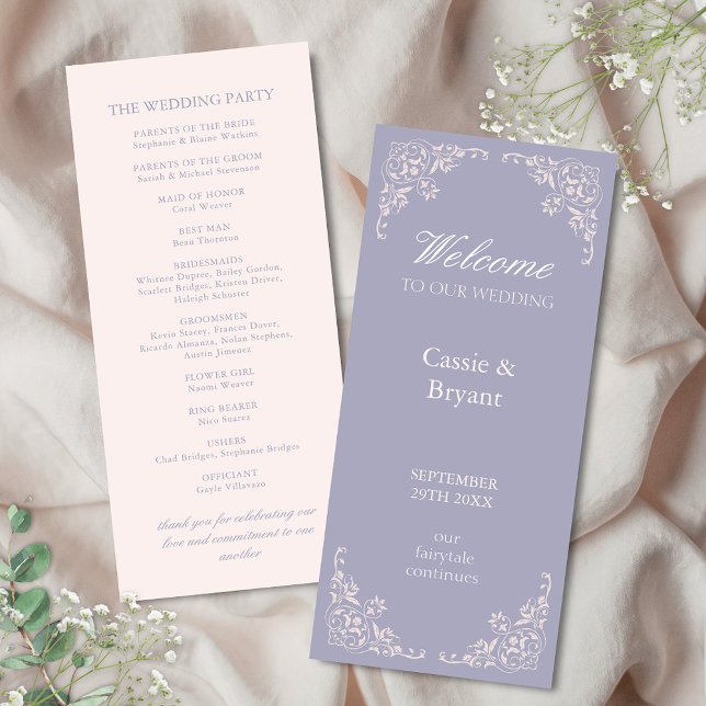 Chic Clair violet élégant Programme de mariage fro (elegant purple and blush pink wedding programs with vintage chic victorian border for regency era)