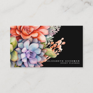 Chic Colorful Succulents Cartes de visite noirs