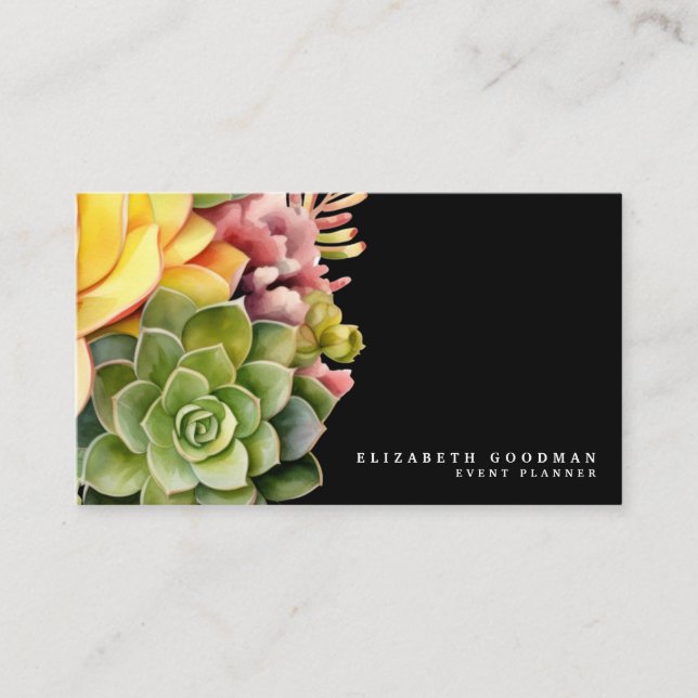 Chic Colorful Succulents Cartes de visite noirs (Devant)