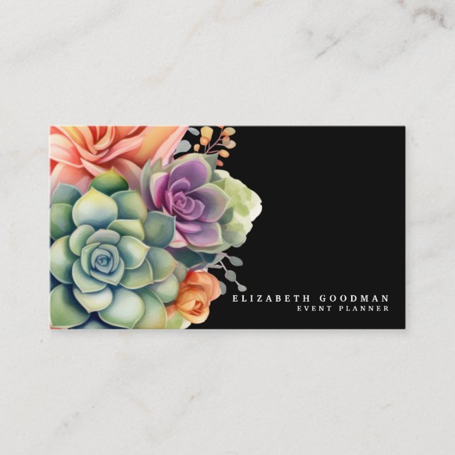 Chic Colorful Succulents Cartes de visite noirs (Devant)