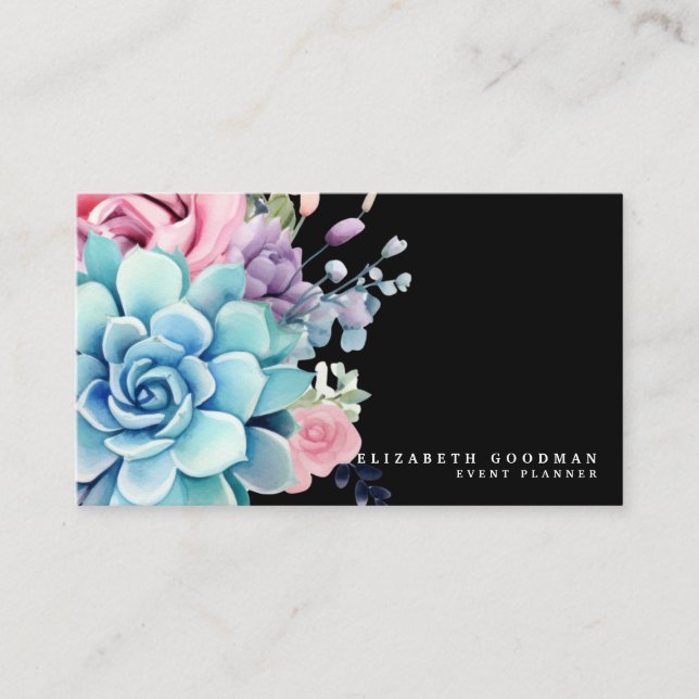 Chic Colorful Succulents Cartes de visite noirs (Devant)