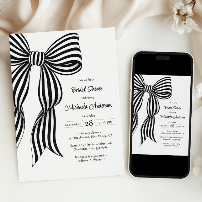 Chic Coquette Noire Nœud Papillon Rayé Invitation  (Créateur téléchargé)