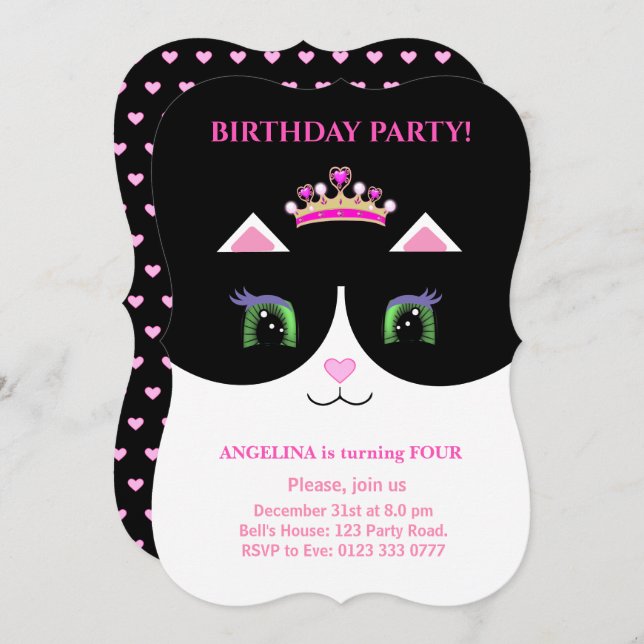 Chic Cute Noir Rose Blanc Tuxedo Chat Invitation (Devant / Derrière)