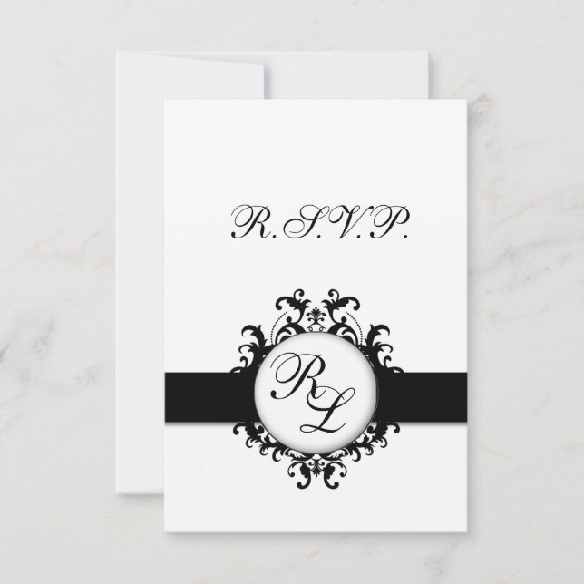 Chic Damask Monogramme Mariage RSVP Carte Crème No (Devant)