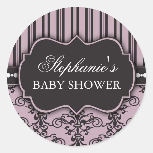 Chic Damask & Stripe Baby shower Favoriser Sticker (Devant)