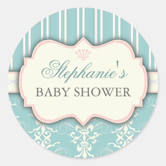 Chic Damask & Stripe Baby shower Favoriser Sticker (Devant)