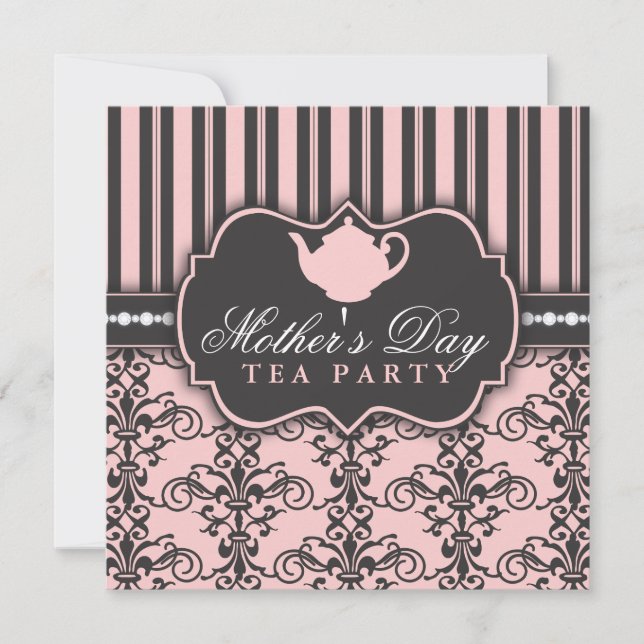 Chic Damask & Stripe Mother's Day Tea Invitation (Devant)