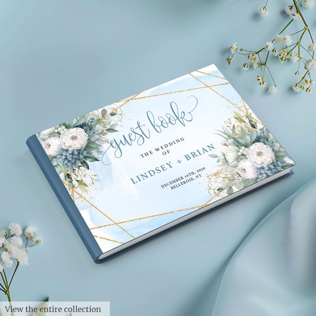 Chic Dusty Bleu Blanc Or Floral Livre d'Invité (Chic Dusty Blue White Gold Floral Guest Book)