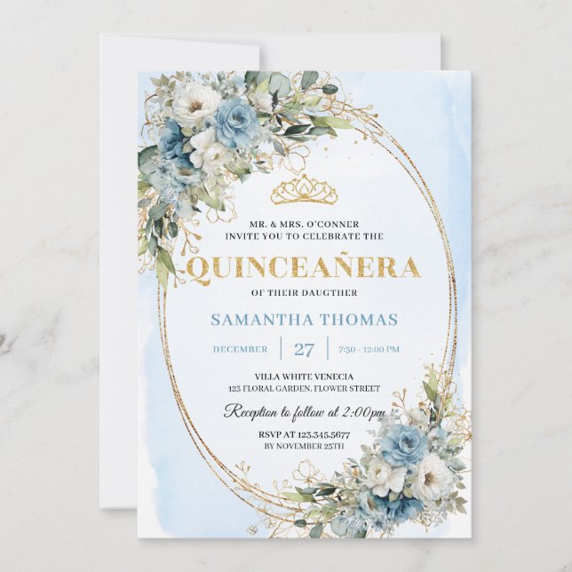 Chic Dusty Blue Gold Greenery Quince 15 Invitation (Devant)