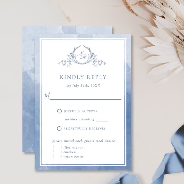 Chic Dusty Blue Monogramme et aquarelle RSVP (Créateur téléchargé)