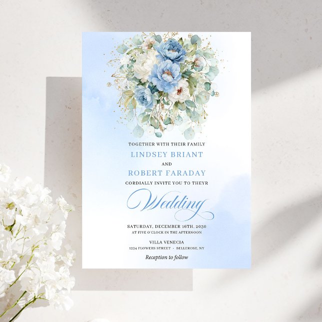 Chic Dusty Blue Peony Botanical Or Invitation de m (Chic Dusty Blue Peony Botanical Gold Wedding Invite)