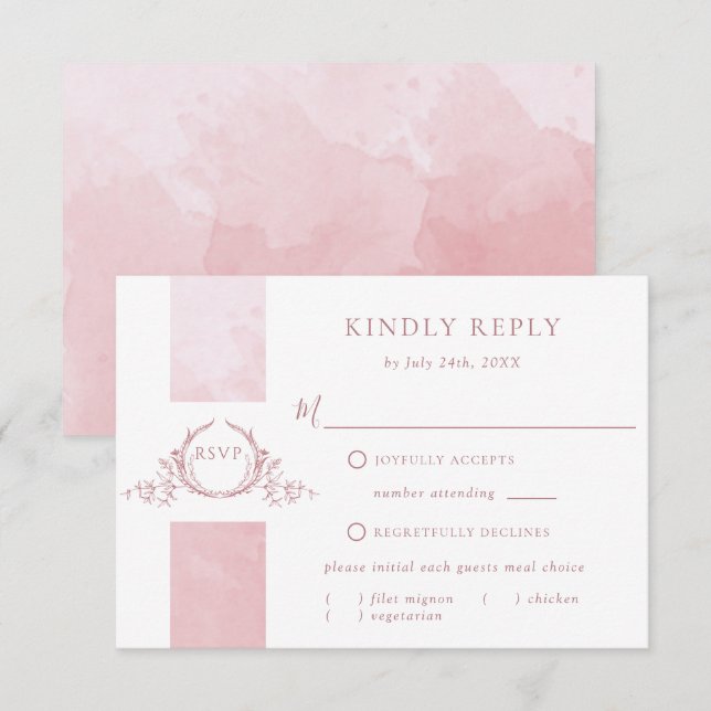 Chic Dusty Rose aquarelle Mariage Monogramme RSVP (Devant / Derrière)