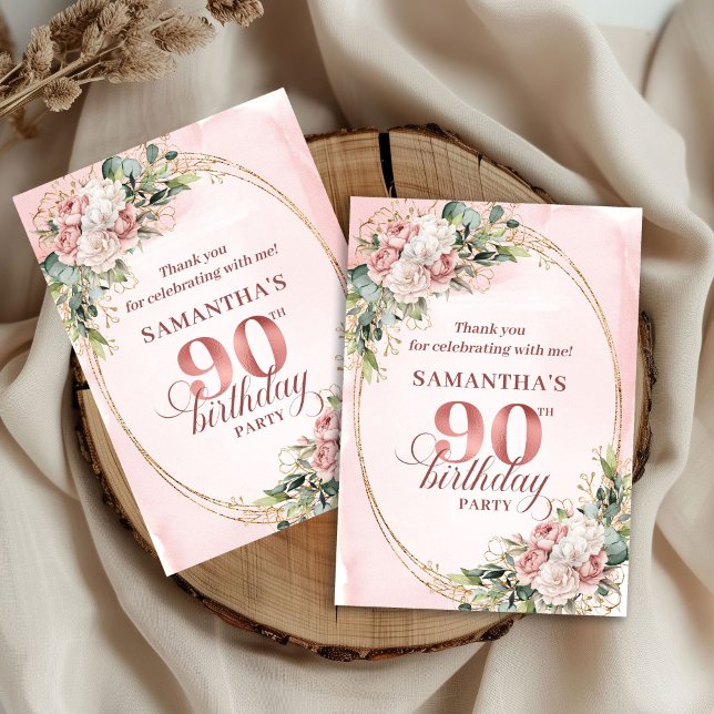 Chic Dusty Rose Gold Eucalyptus 90e Merci   (Chic Dusty Pink Gold Eucalyptus 90th Thank You Card)