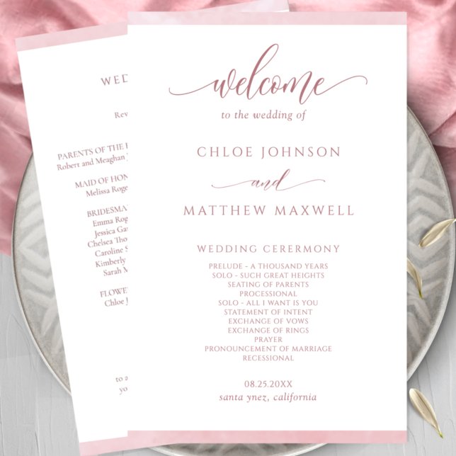 Chic Dusty Rose Watercolor Frame Wedding Program (Créateur téléchargé)