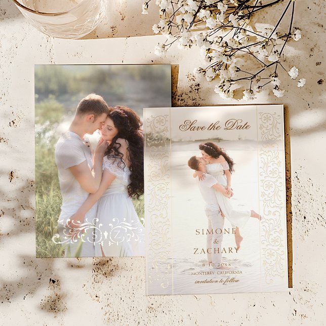 Chic Ecru Scrollwork Photo Wedding Save the Date (Créateur téléchargé)