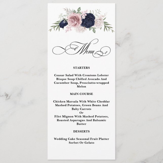 Chic Elegant Blush Navy Blue Mariage Menu (Devant)
