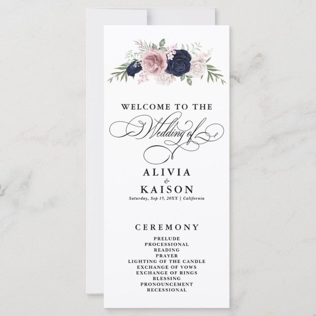 Chic Elegant Blush Navy Blue Wedding Programme (Devant)