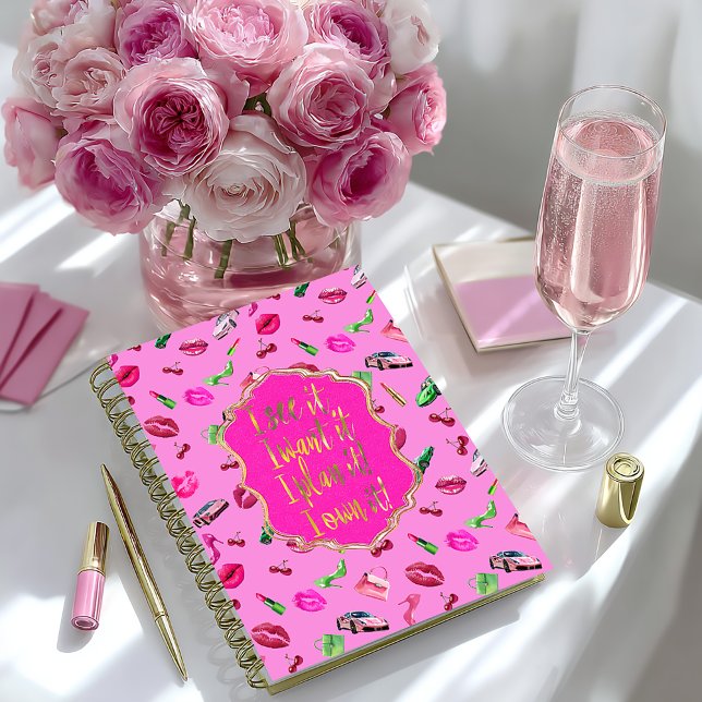 Chic et Amusant Rose Chaud et Vert Glam “Je le voi (Chic Pink and Green Motivational Quote Personal Planner )