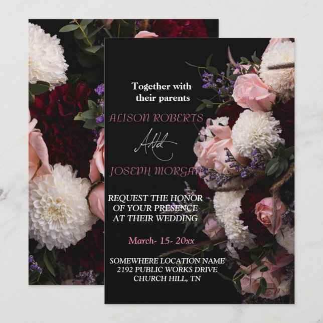 Chic Faire-part de mariage à fleurs bordeaux (Devant / Derrière)