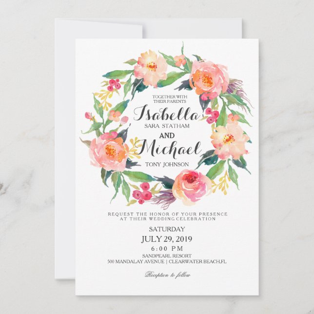 Chic Faire-part de mariage d'aquarelle fleurie (Devant)