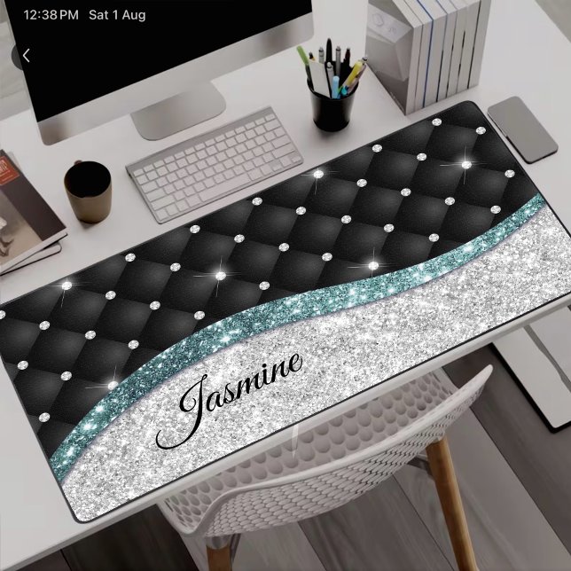 Chic faux argent pailleté noir sarcelle monogramme (Créateur téléchargé)