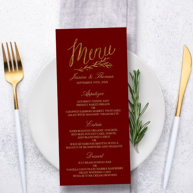 Chic Faux Gold Foil Mariage Menu Modèle - Rouge (Créateur téléchargé)