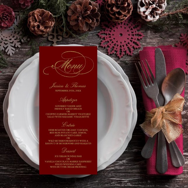 Chic Faux Gold Foil Mariage Menu Modèle - Rouge (Créateur téléchargé)