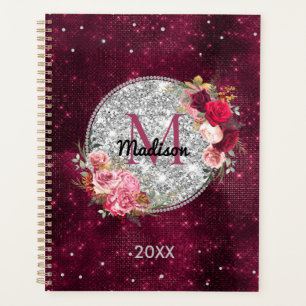 Chic faux pailleté floral monogramme bordeaux
