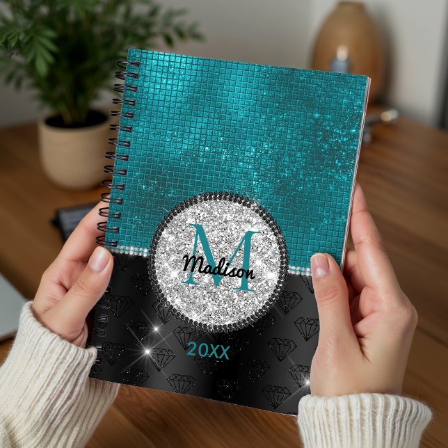 Chic faux paillettes argent Turquoise Noir monogra (Créateur téléchargé)