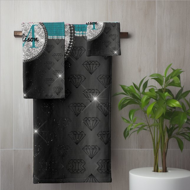 Chic faux paillettes argent turquoise noir monogra (Créateur téléchargé)