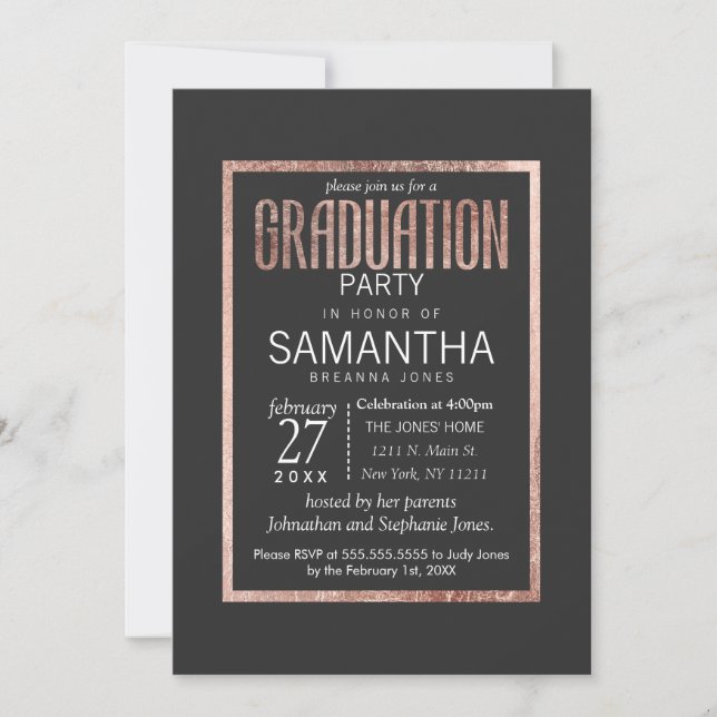 Chic Faux Rose Gold Graduation Party Invitations (Devant)