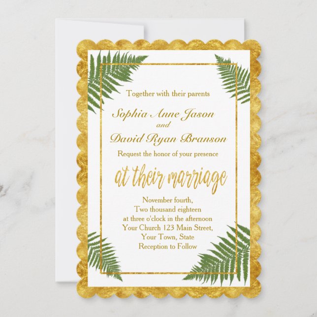 Chic Fern Feuille Gold Foil Faire-part de mariage (Devant)
