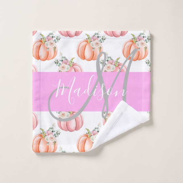 Chic Fleur Blanche Rose Pêche Citrouille Monogramm (Gant de toilette)