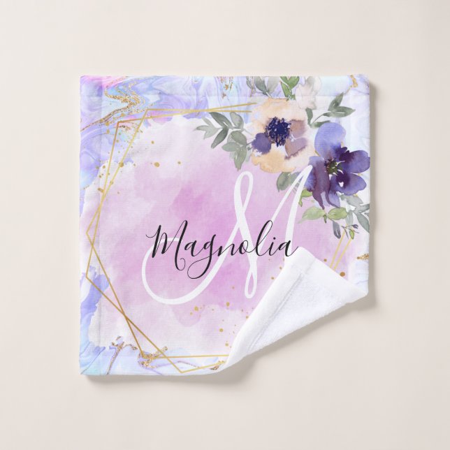 Chic Floral bleu rose or arc-en-ciel marbre Monogr (Gant de toilette)