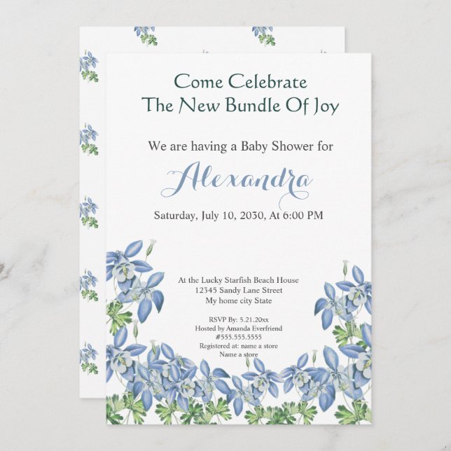 Chic Floral Columbine Blue Boy Baby shower (Devant / Derrière)