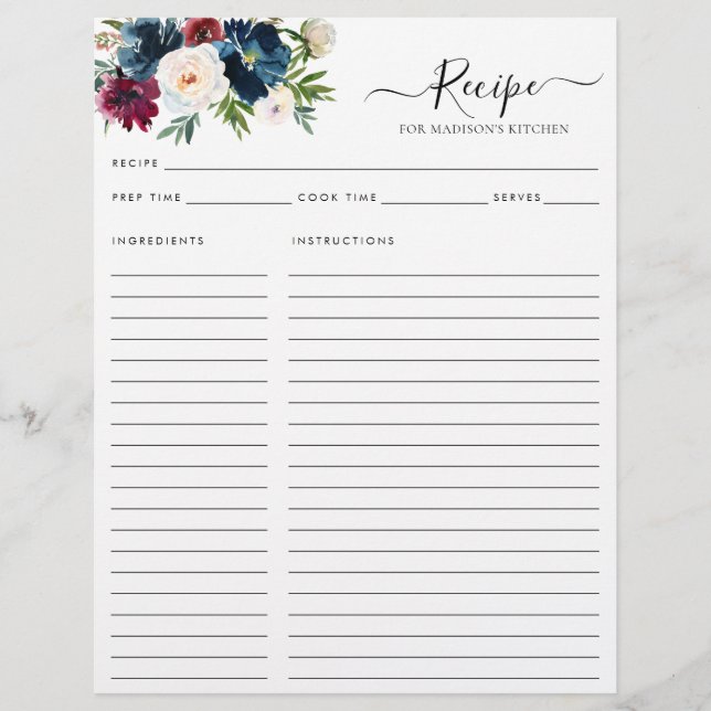 Chic Floral Navy Bleu Bourgogne Rouge Cuisine Rece (Devant)