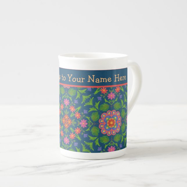 Chic Floral Rangoli Deep Blue Bone China Mug (Devant droit)