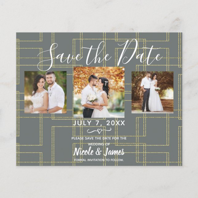 Chic Géométrique Gris & Or Save The Date Luxueux (Devant)