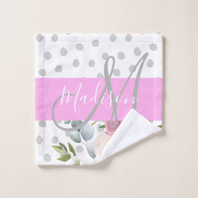 Chic & Girl Floral Blanc rose Gris Nom (Gant de toilette)