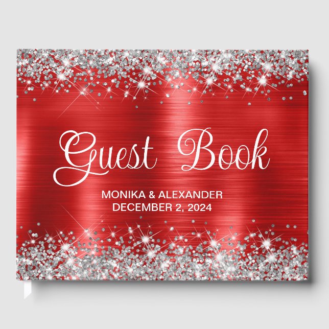 Chic Glittery Red Foil Mariage livre d'hôtes (Recto)