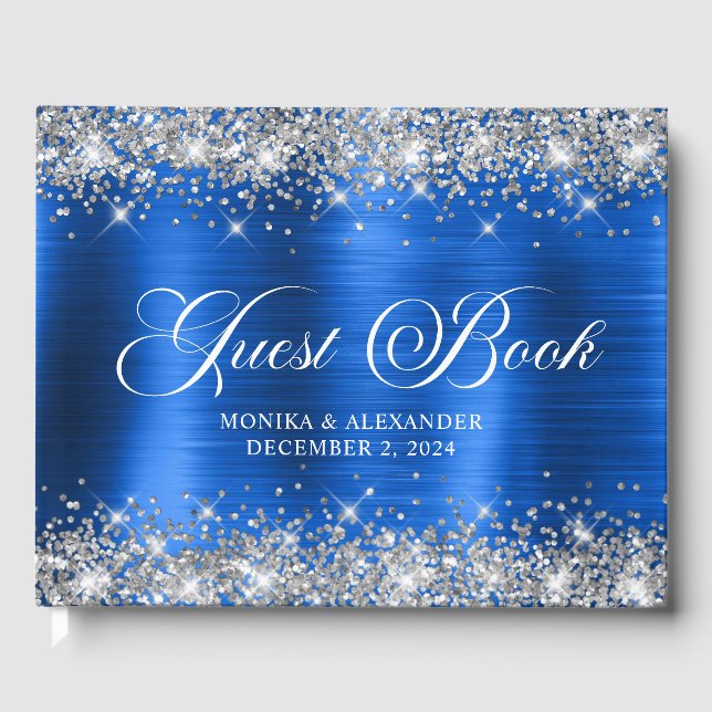 Chic Glittery Royal Blue Foil Mariage livre d'hôte (Recto)