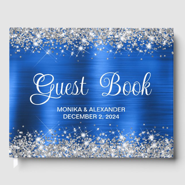 Chic Glittery Royal Blue Foil Mariage livre d'hôte (Recto)